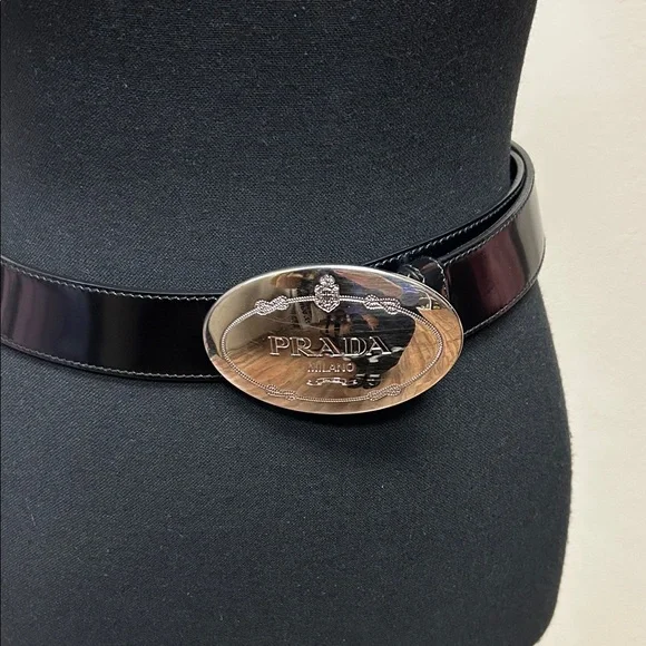 Prada Glossy Black Belt with Silver Oval Buckle - Picture 2 of 2